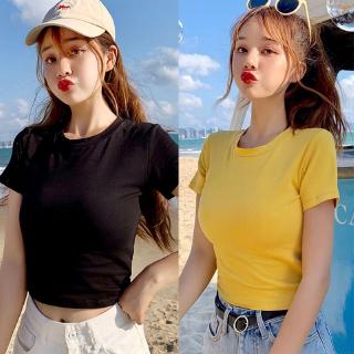 Áo croptop dáng ôm ngắn tay cổ tròn màu trơn trẻ trung đơn giản