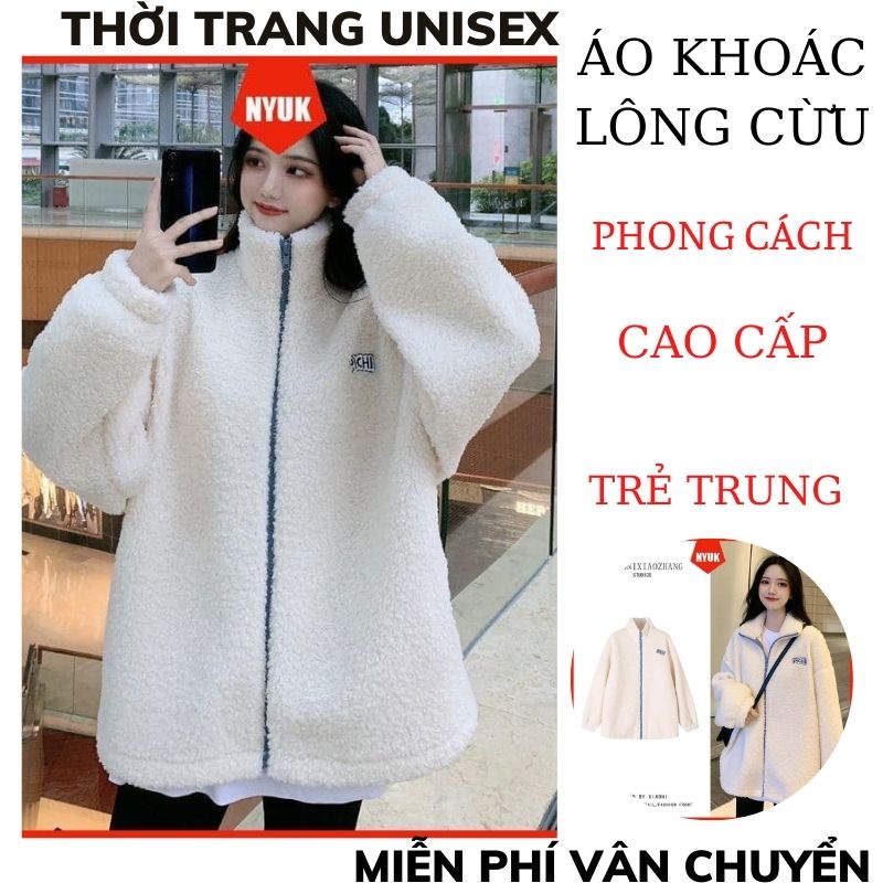 Áo khoác lông cừu dáng rộng ấm áp phong cách hàn quốc AL03, áo khoác cổ bẻ in chữ ngực ulzzang ,THỜI TRANG1989