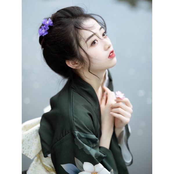 Kimono yukata nhật bản xanh lá đậm