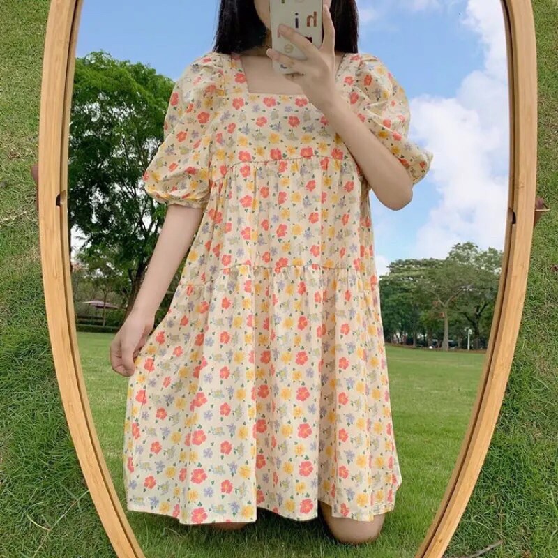 VÁY BABY DOLL HOA NHÍ, CỔ VUÔNG THẮT NƠ TIỂU THƯ | BigBuy360 - bigbuy360.vn