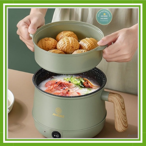 Nồi lẩu mini nấu cầm tay đa năng có tay cầm gỗ 1.8L có lớp cách điện siêu bền ELECTRIC CUP