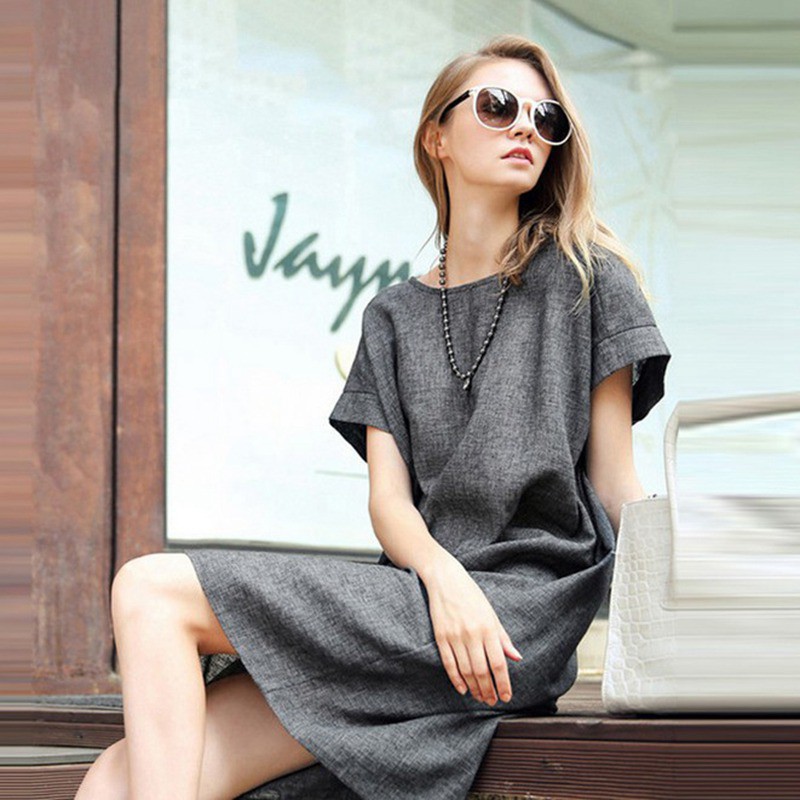 Đầm tay ngắn cổ tròn thiết kế dáng rộng che khuyết điểm