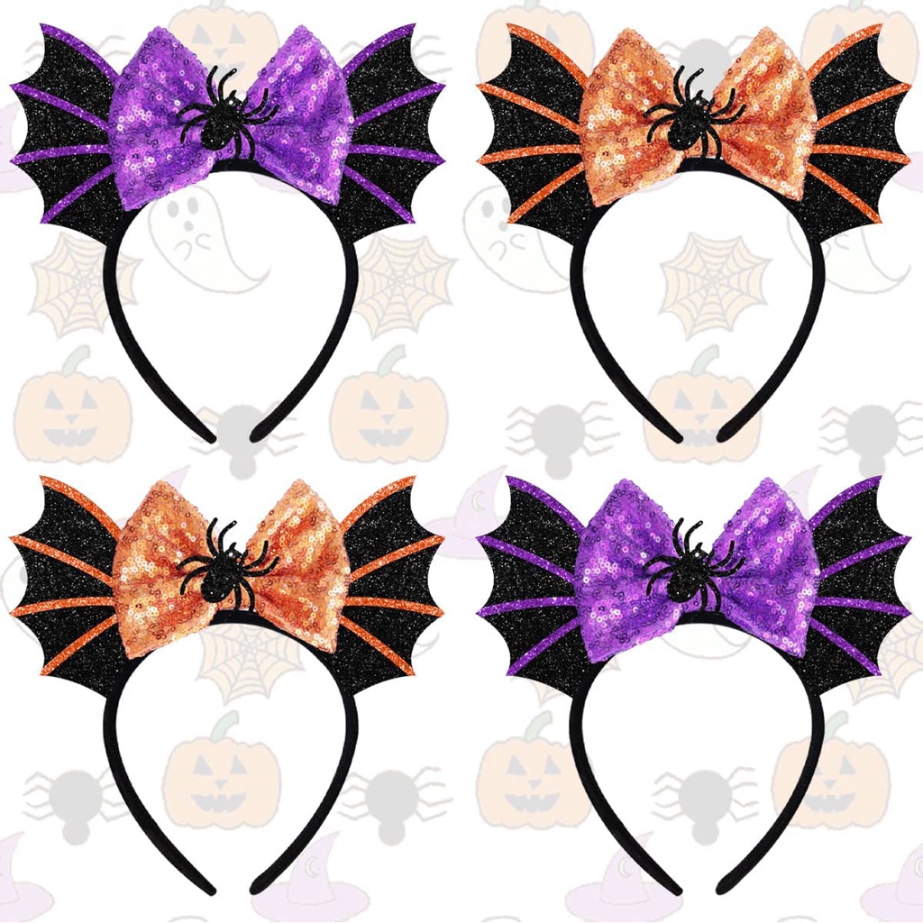 Fangleland Set 4 Băng Đô Đính Nơ Kim Sa Màu Cam / Tím / Đen / Tím Hóa Trang Halloween Cho Bé Gái