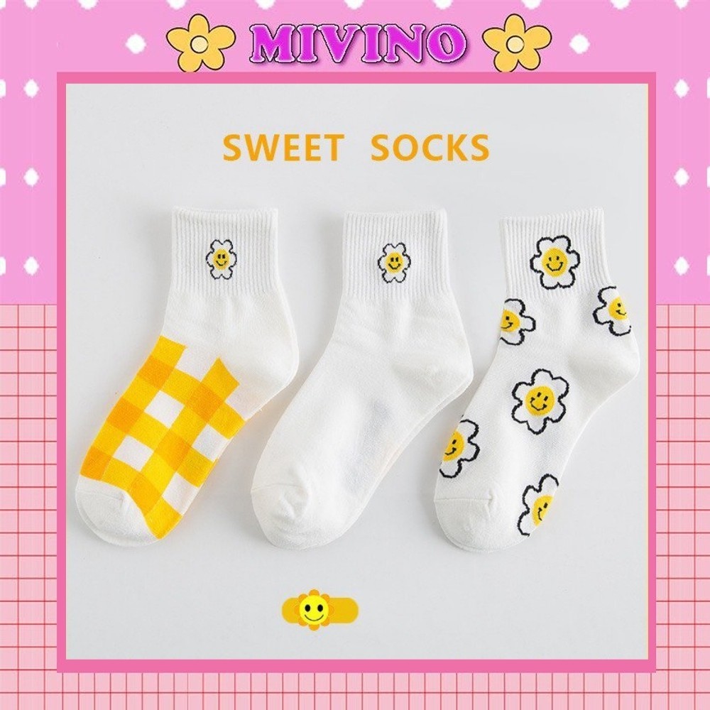 Set 3 đôi vớ nữ Mivino tất cổ cao họa tiết hoa vàng hàn quốc dễ thương TN102