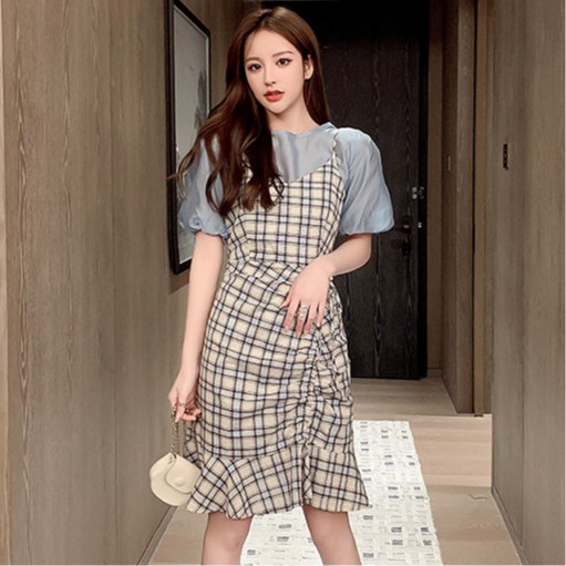 Set Áo Thun Ngắn Tay Và Đầm Yếm Sọc Ca Rô Thời Trang Đáng Yêu Cho Nữ | BigBuy360 - bigbuy360.vn