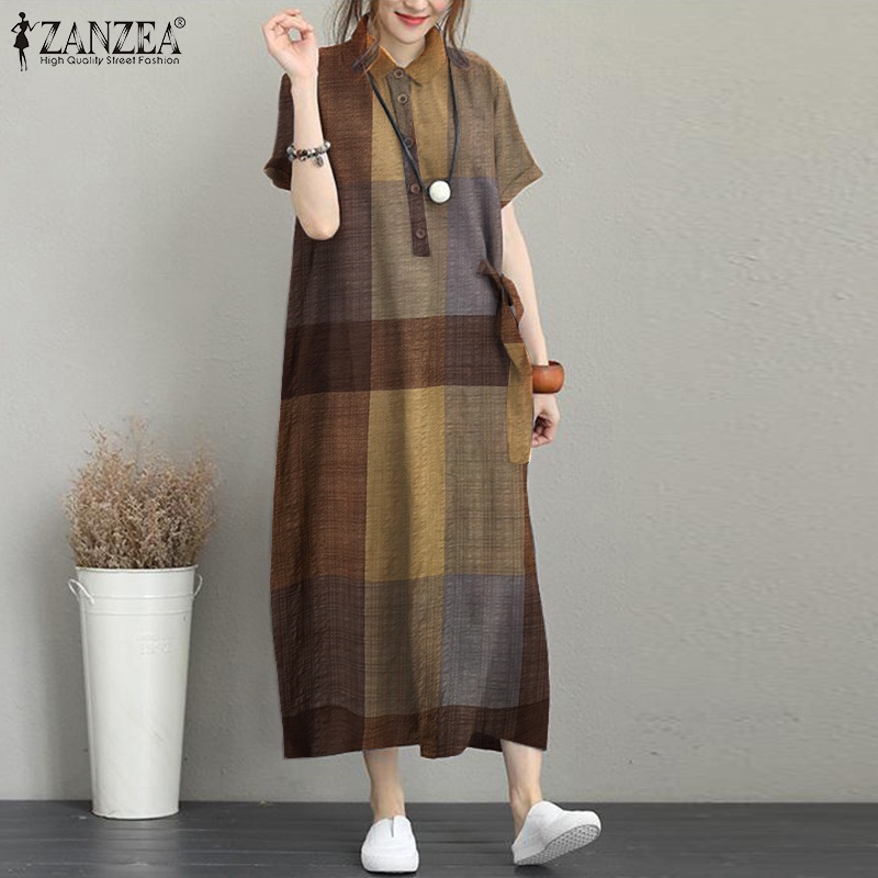 Đầm sơ mi ZANZEA tay ngắn họa tiết caro thời trang sành điệu cho nữ