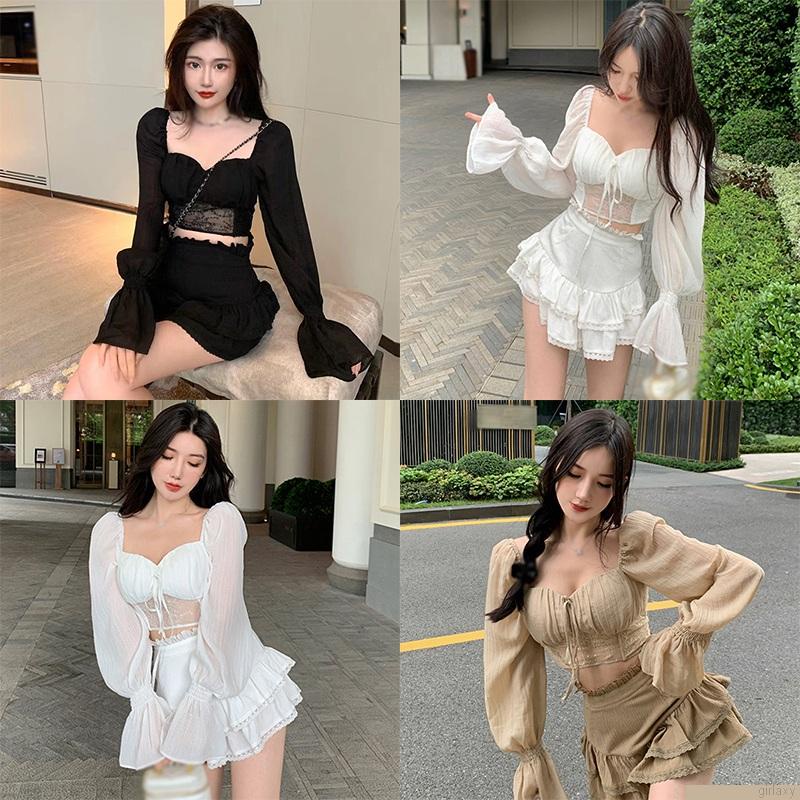 Áo croptop kiểu cổ vuông dài tay dạng phồng màu trơn thời trang quyến rũ cho nữ