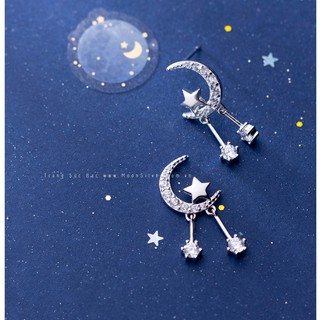 Khuyên tai bạc trăng lưỡi liềm kết hợp sao rơi