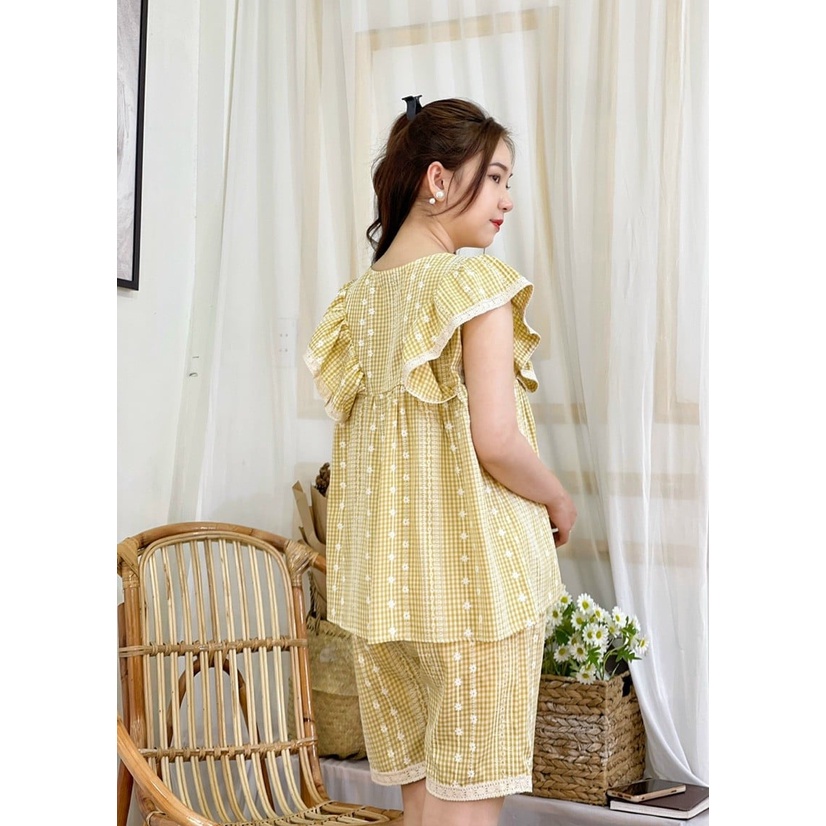 Đồ Bộ Bầu Mặc Nhà Và Sau Sinh Đẹp Thiết Kế Hàn Quốc Họa Tiết Kẻ Hoa Chất Liệu Kate Hàn Mềm, Mát Fullsize 40-85kg