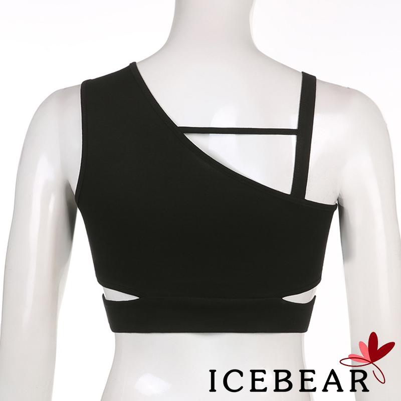 ICE-Women´s Streetwear Punk Style Vest Black Letters Print Oblique Shoulder Hollow Out Cropped Tank Tops