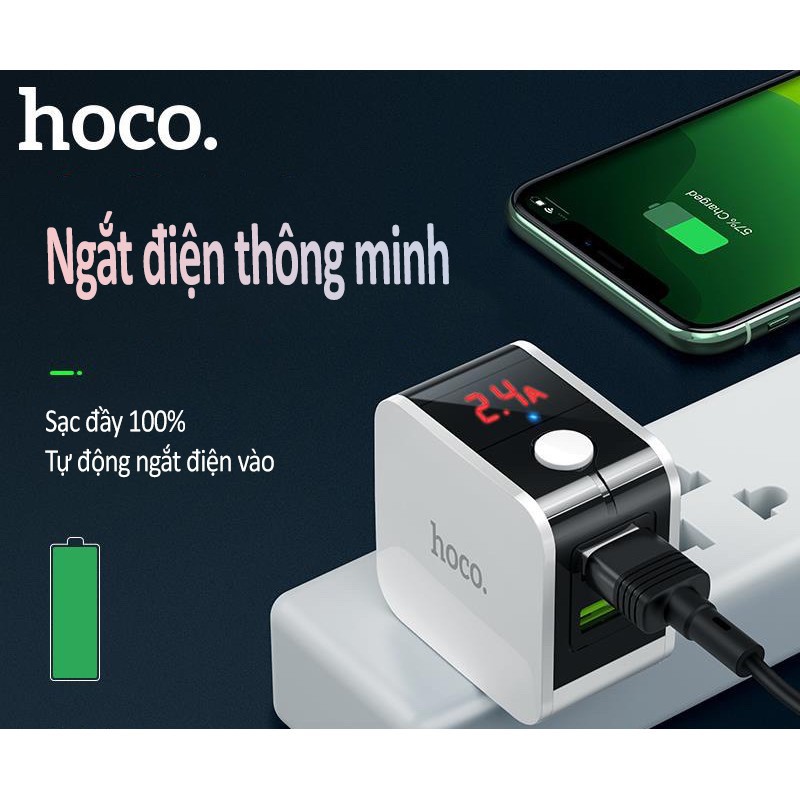 Cốc sạc nhanh tự ngắt 2 cổng có đèn báo dòng điện chính hãng Hoco Hk5
