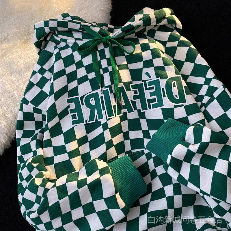 Áo Hoodie Dáng Rộng Họa Tiết Sọc Caro Phong Cách Hip Hop Đường Phố Mỹ Thời Trang Cá Tính Cho Nữ