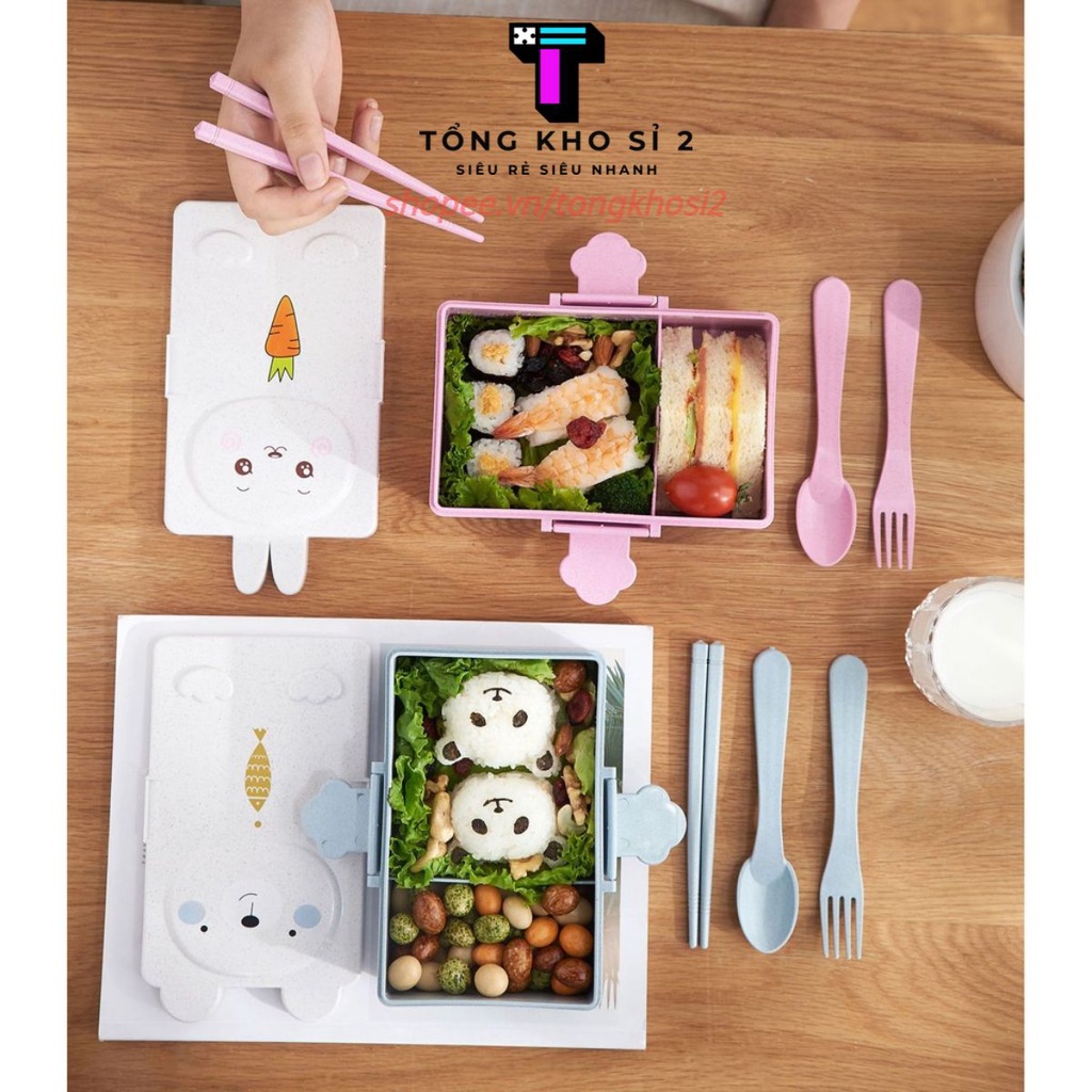 [CAO CẤP] Hộp Đựng Cơm Giữ Nhiệt Ăn Trưa Văn Phòng 3 Ngăn - Nhựa/Lúa Mạch - Kèm Thìa Dĩa Đũa - Sử Dụng Lò Vi Sóng GC02