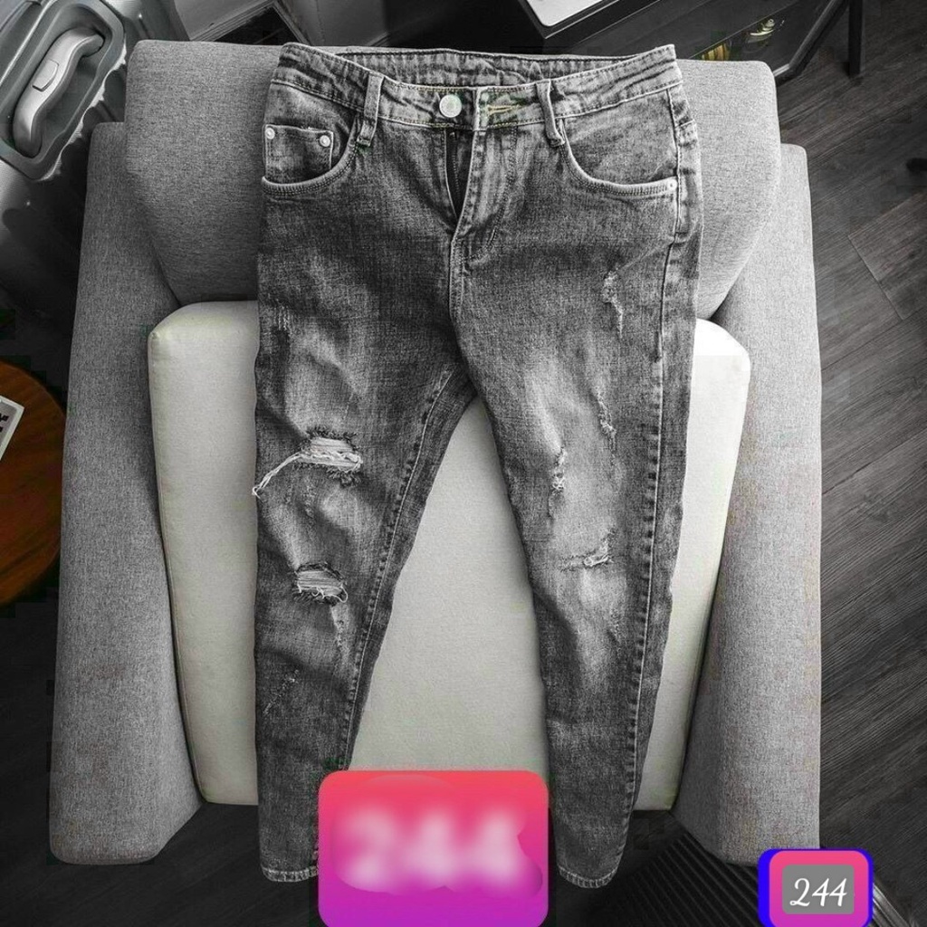 Quần Jeans Rin Nam Chất Bò Cao Cấp Xám Rách Gối Demin Co Giãn Dáng Côn Basic P45