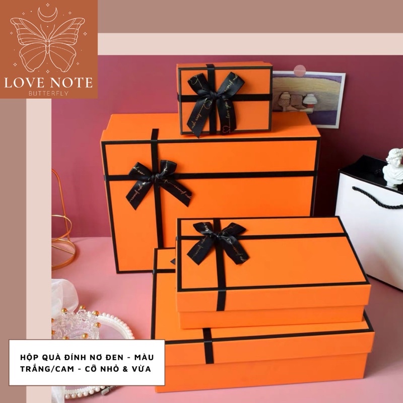 Hộp quà màu trắng/cam đính nơ đen cỡ VỬA và NHỎ - tặng sinh nhật, valentine 14/2, 8/3 20/10, giáng sinh, noel | BigBuy360 - bigbuy360.vn