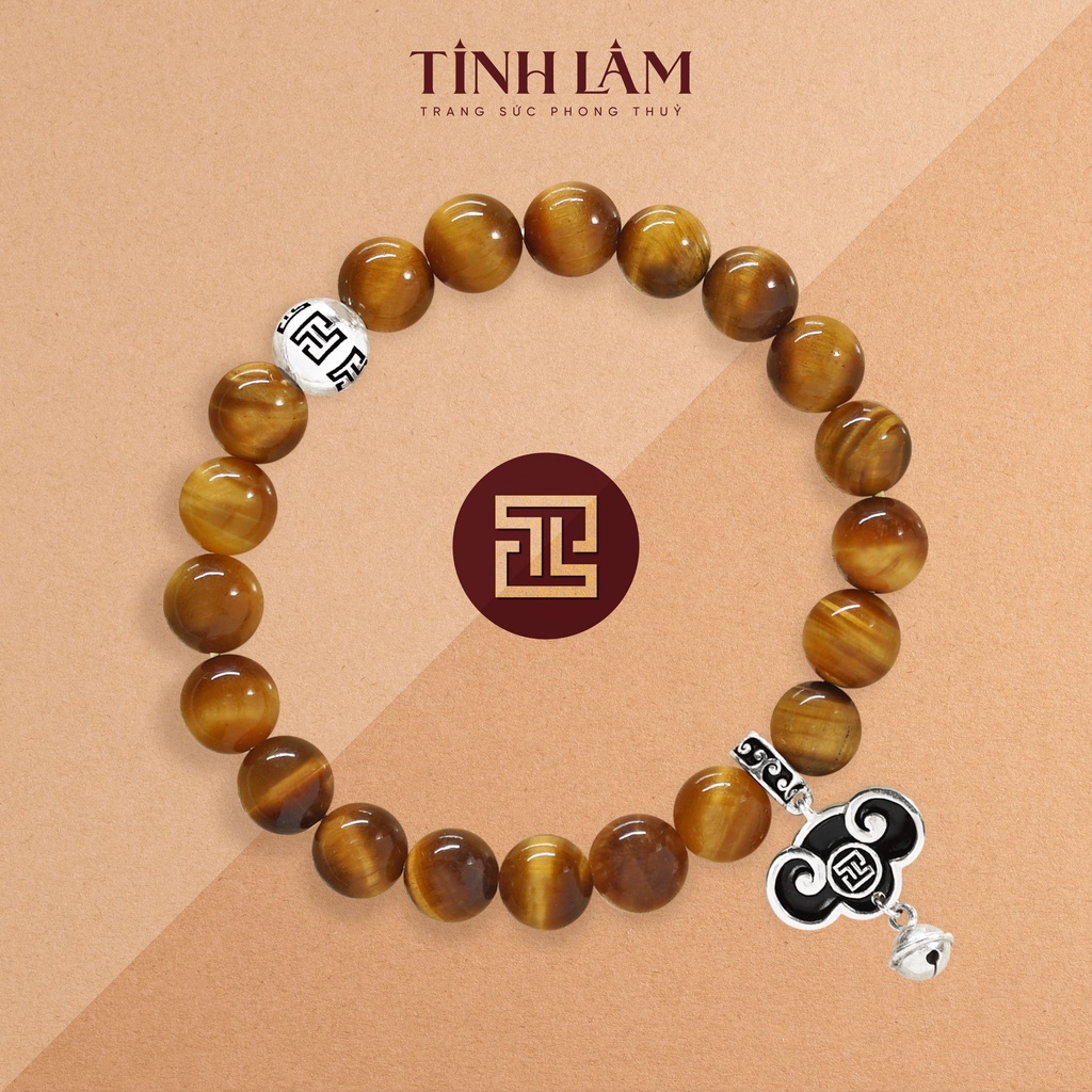 TINH LÂM Vòng Tay Phong Thủy Đá Mắt Hổ Nâu 8 Li - Charm Lục Lạc