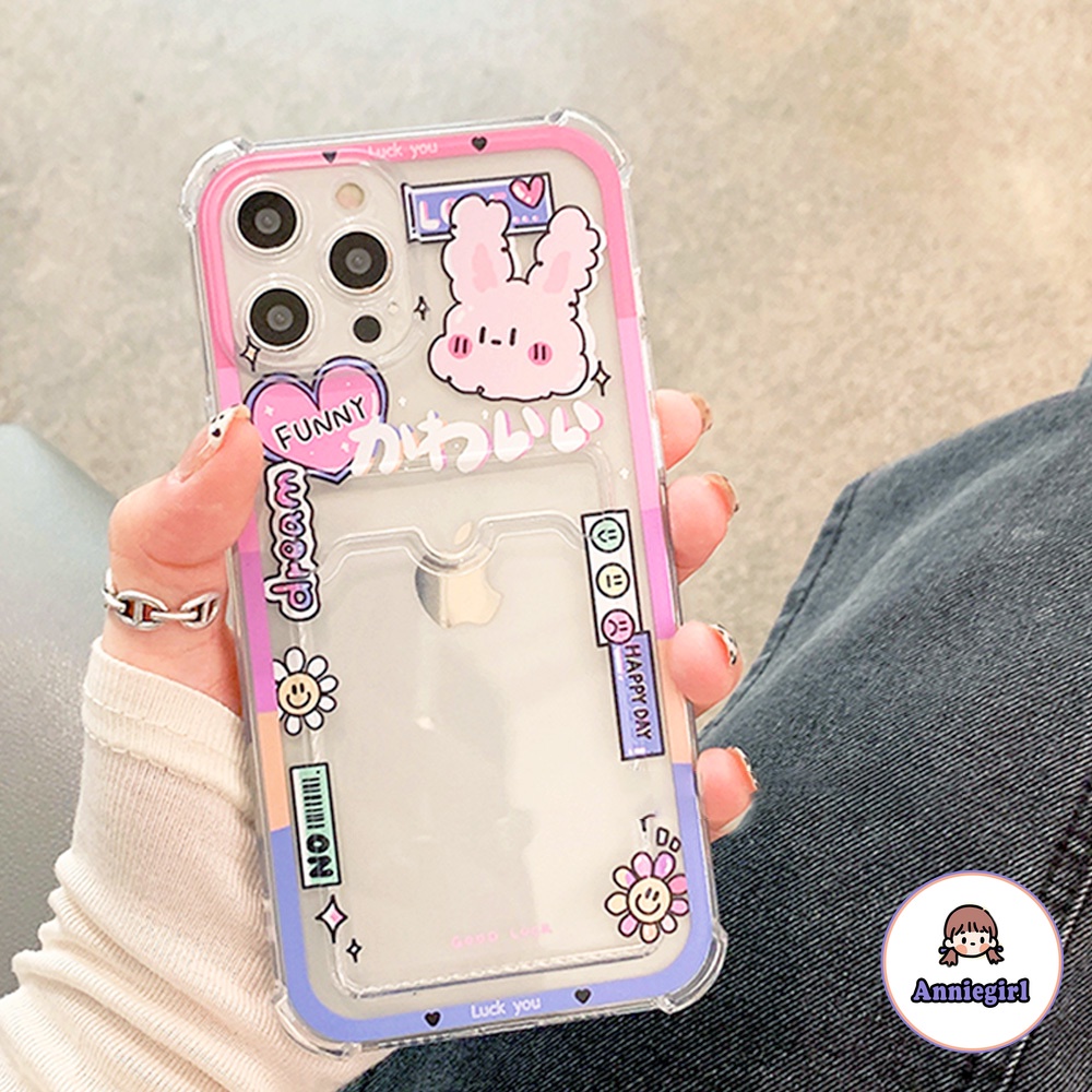 Ốp điện thoại TPU hấp thụ sốc in hình thỏ hồng Hàn Quốc có ngăn đựng thẻ cho IPhone 13 12 11 Pro Max X XR 8 7 Plus | BigBuy360 - bigbuy360.vn
