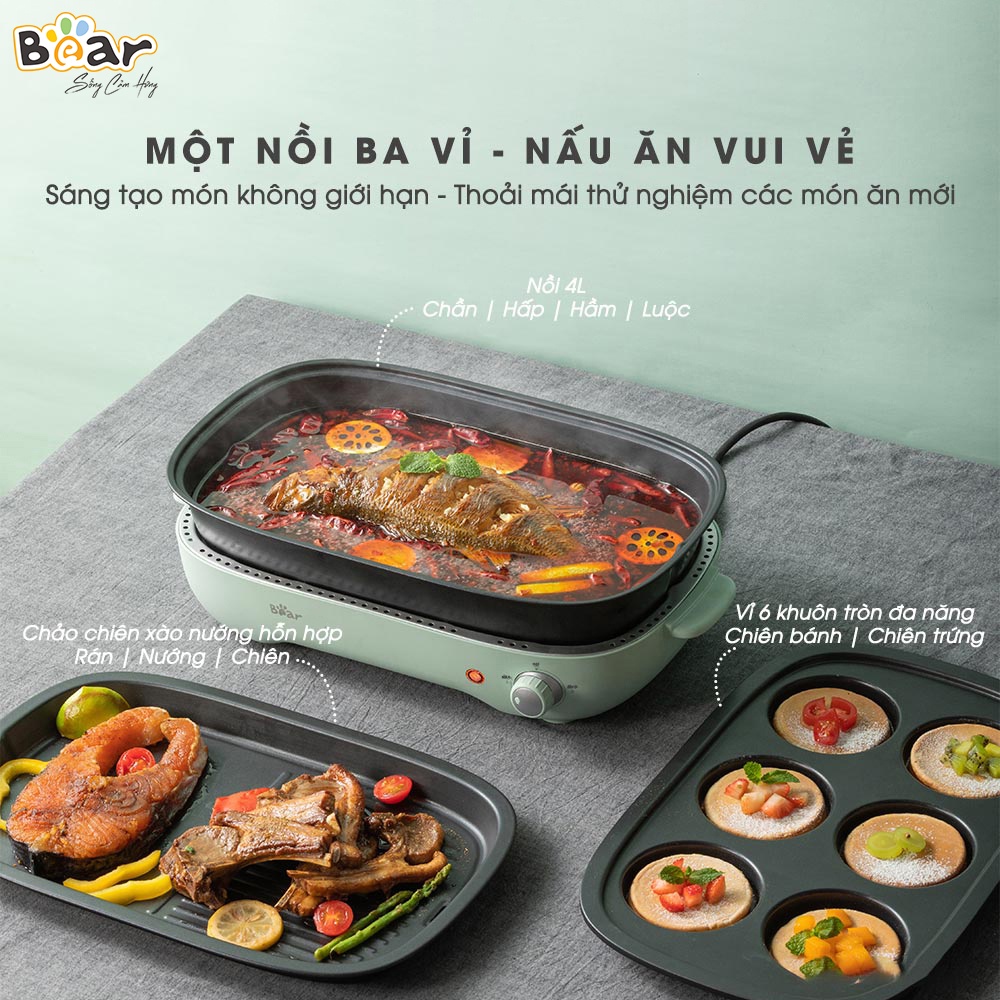 [Bear Chính Hãng] Nồi Lẩu Nướng 3 Khay Đa Năng (3 in 1) SUBE004, khay lẩu 4 lít, khay bánh 6 khuôn nhỏ tròn, khay nướng