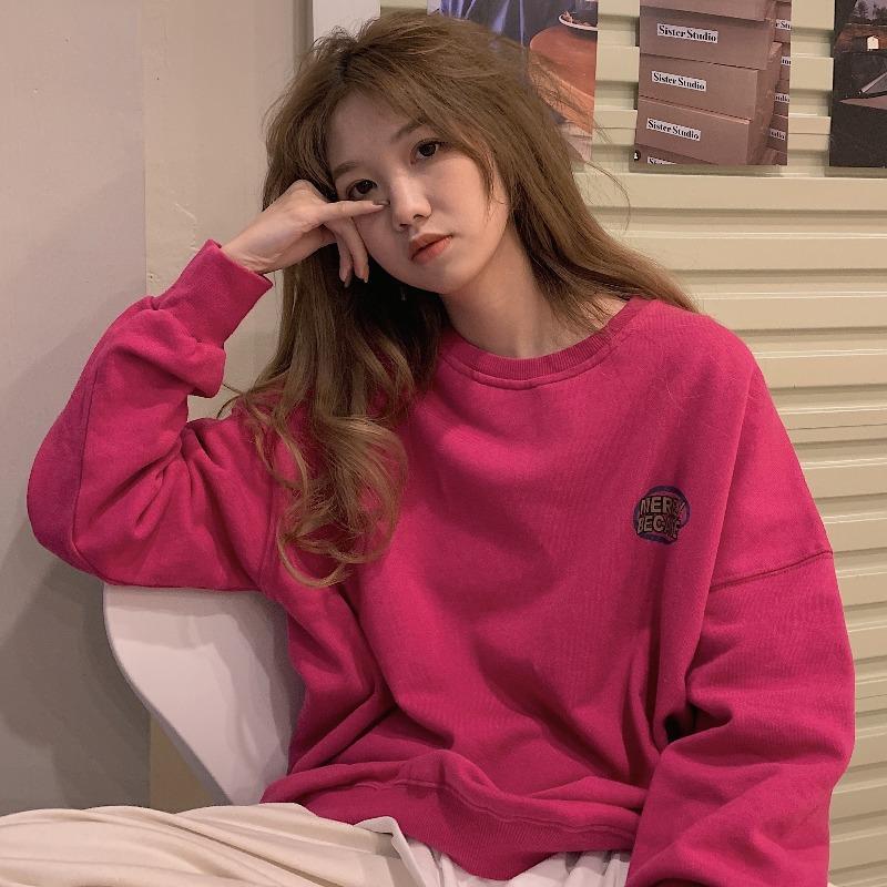 IMAODOU Hooded Sweatshirt Women's Round Neck Long Sleeve Top Korean Version 2021 The Newest Dragon Fruit Color T