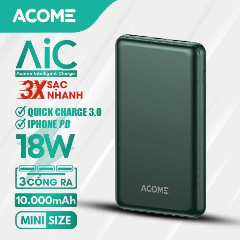 10.000mAh Pin Sạc Dự Phòng ACOME AP105 Green PD + QC 3.0 Sạc Nhanh 18W - HÀNG CHÍNH HÃNG