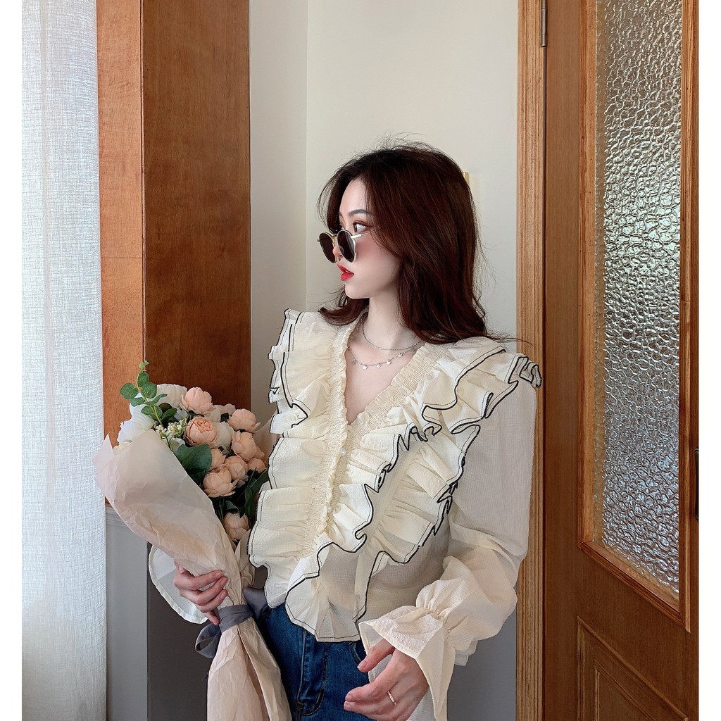 Áo form dài tay viền bèo HAF41 Hỉn Hỉn Store