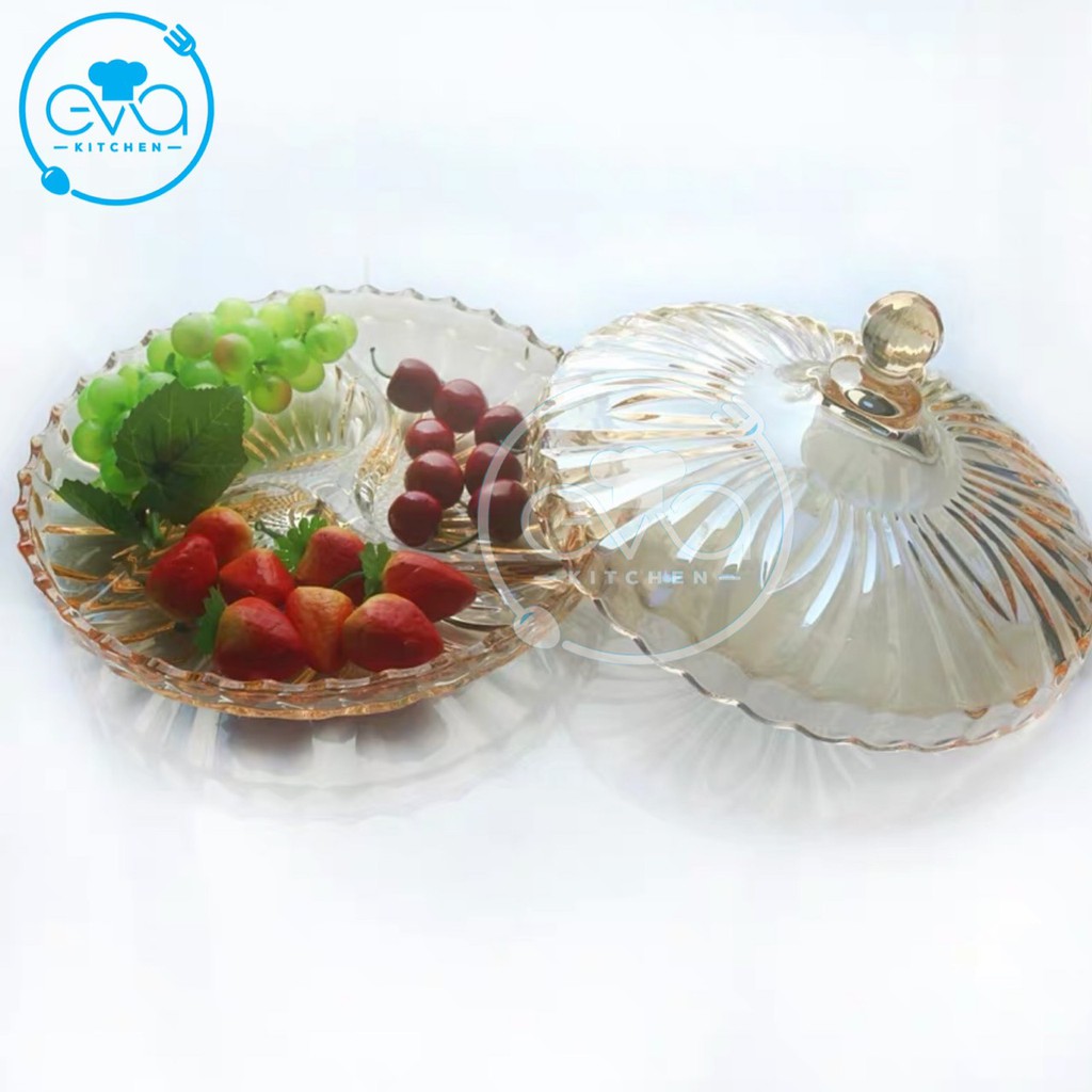 Khay Đựng Mứt Thuỷ Tinh Pha Lê Vàng Chia Ngăn Hoạ Tiết Đuôi Cong Ánh Vàng Cao Cấp / Thố Mứt Tết 510-9C M3174