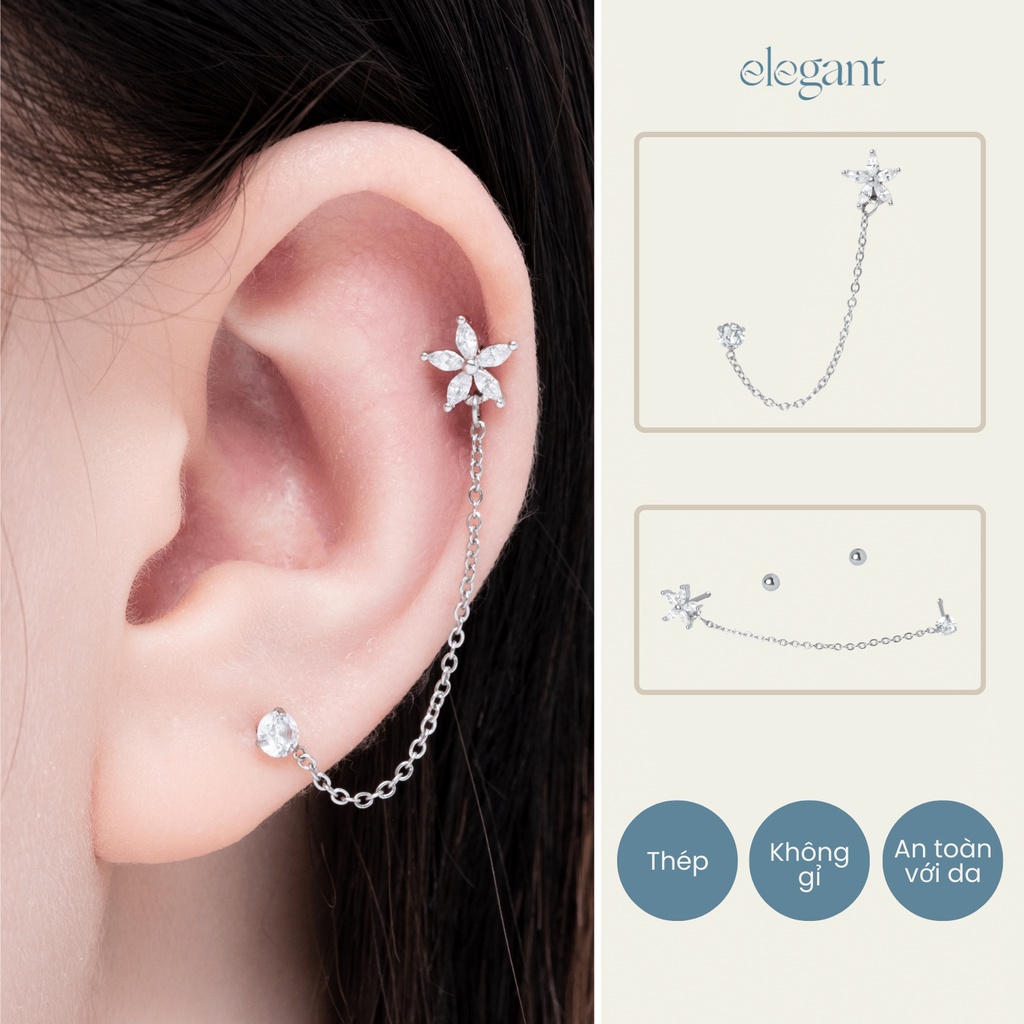 Khuyên tai xích đá CRYSTAL CHAIN SLIM FLOWER Elegant