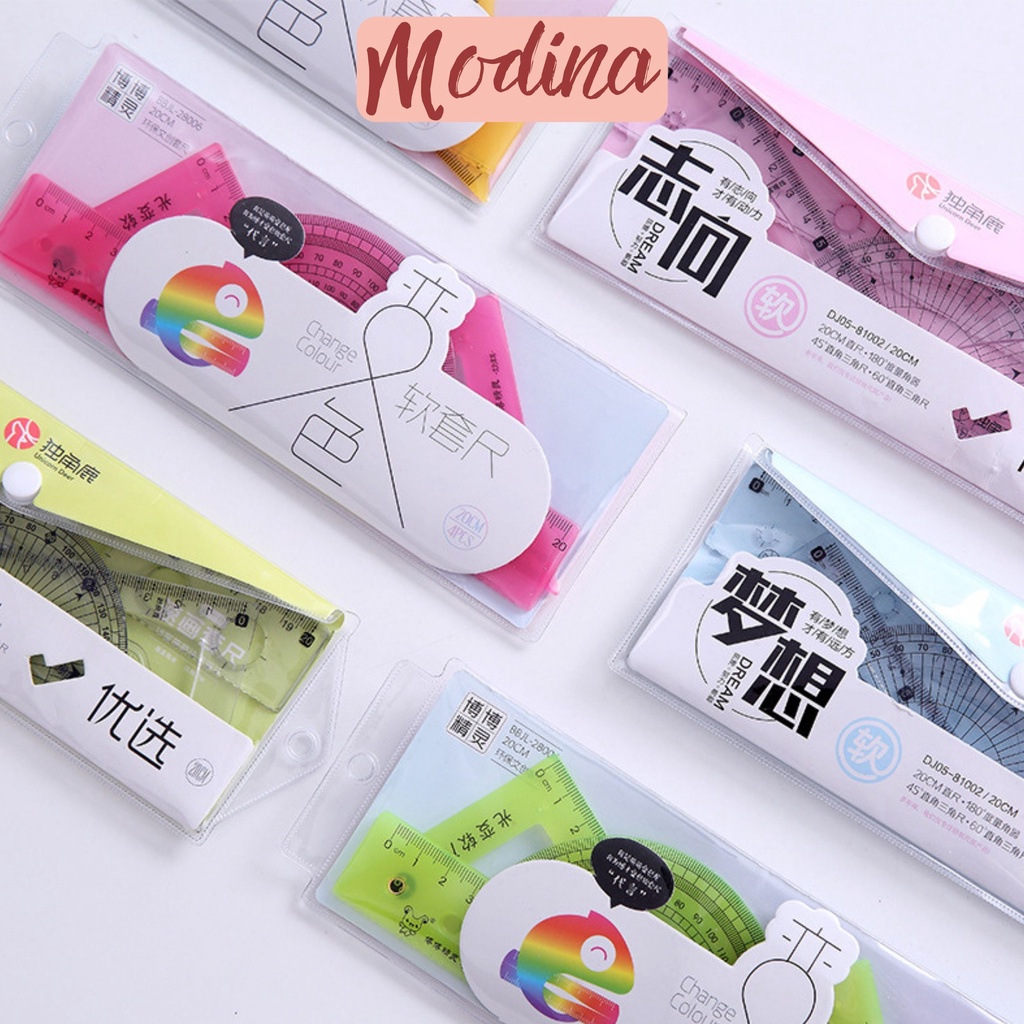Bộ thước kẻ nhiều món MODINA, Thước eke các loại kèm túi đựng cute