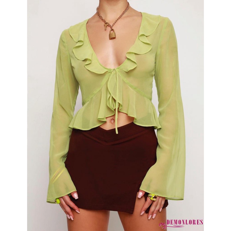 Áo Crop Top Tay Loe Dài Cổ Chữ V Xẻ Sâu Gợi Cảm Cho Nữ