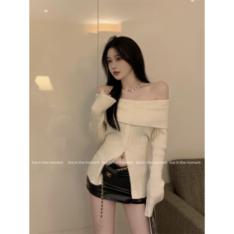 LALISAS Áo Len Tay Dài Hở Vai Màu Trơn Đơn Giản Thời Trang Hàn Quốc