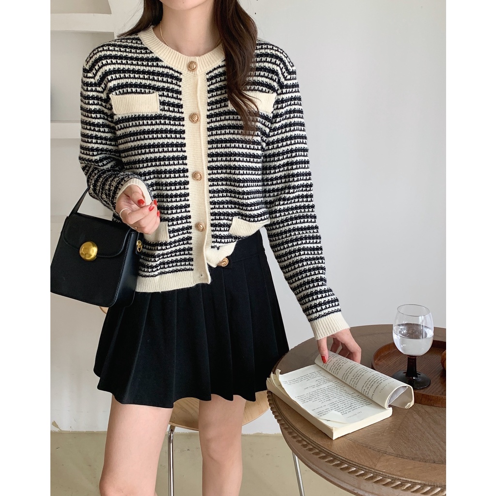 Áo cardigan ZHELIHANGFEI dệt kim tay dài eo cao phong cách Pháp