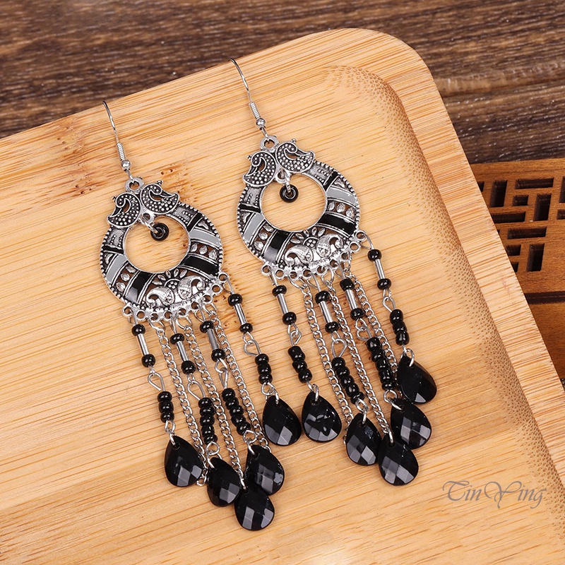 GETNOIVAS Đôi bông tai hợp kim đính đá hình giọt nước phối tua rua phong cách cổ điển thời trang cho nữ