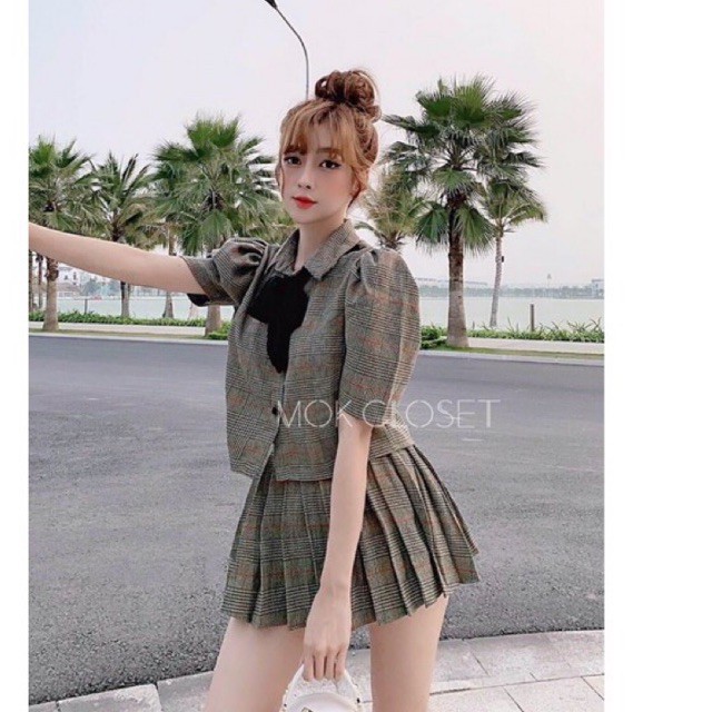 Set váy caro tennis kèm áo cổ thắt nơ 🌱🌱🌱gb