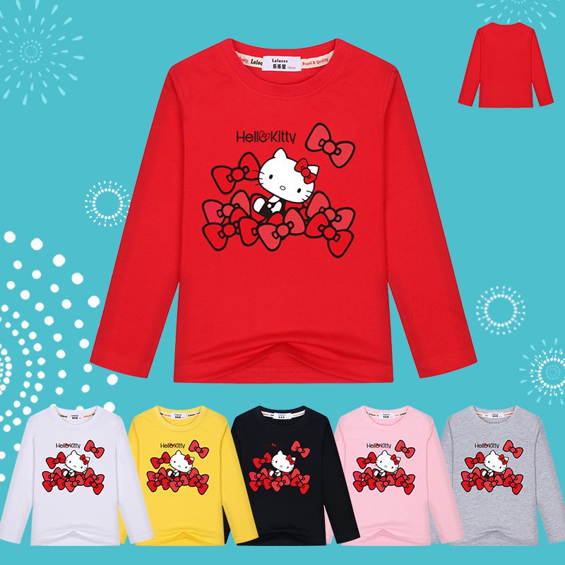 Áo thun cotton dài tay Hello Kitty in áo thun mùa xuân mùa xuân cơ bản cho trẻ em