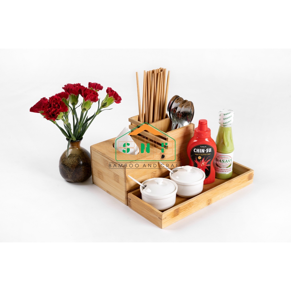 Khay Đa Năng Bằng Gỗ Tre Cao Cấp Đựng Đũa, Muỗng, Giấy Ăn, Gia Vị- SNF Bamboo and Craft
