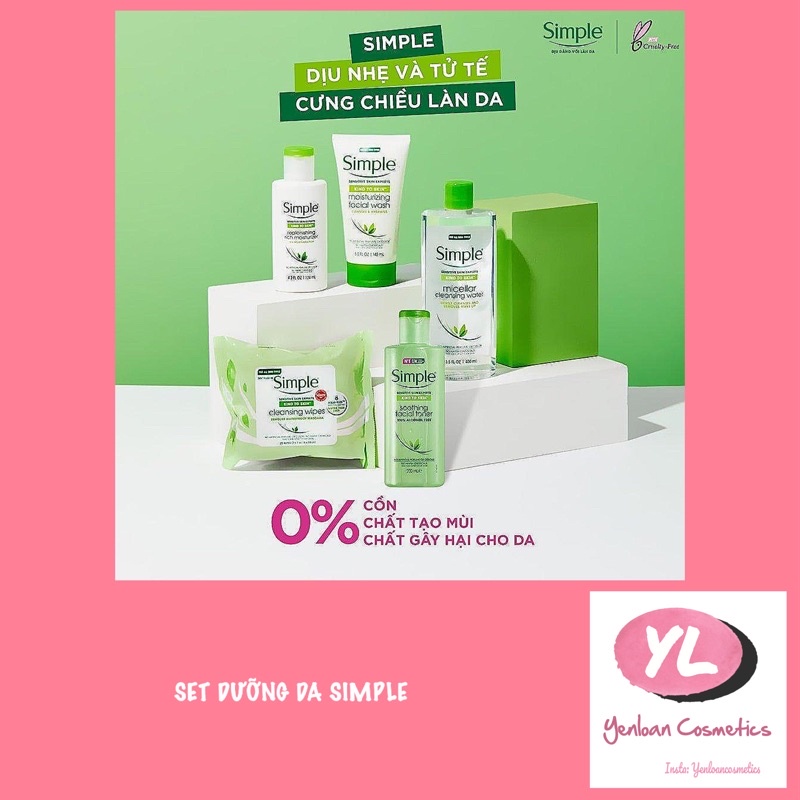 Set Combo dưỡng da Simple 4 món (Sữa rửa mặt Skin To Skin Refreshing, Toner Soothing Facial, Tẩy trang, kem dưỡng)