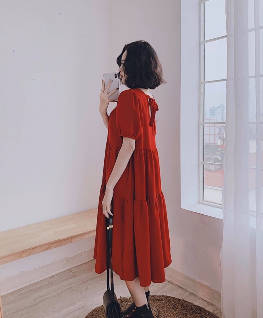 Đầm tầng dáng babydoll nơ sau, chất vải chéo dày dặn chị em bầu bí mặc thoái mái | BigBuy360 - bigbuy360.vn