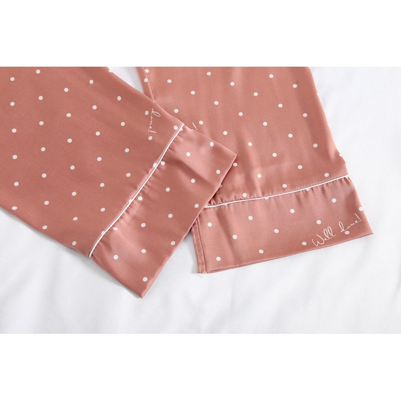 Set đồ ngủ gồm ngắn tay và quần dài lụa lạnh chấm bi thời trang mùa hè cho nữ