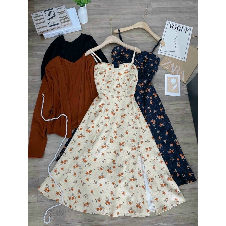 Set đầm váy 2s hoa + áo khoác croptop đỏ 💖 KÈM ẢNH THẬT 💖 BAO KIỂM ❌