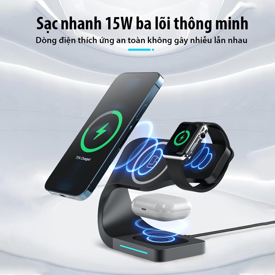 Đế sạc nhanh không dây từ tính 15w cho điện thoại, đồng hồ thông mình - sạc không dây đa năng 4 trong 1