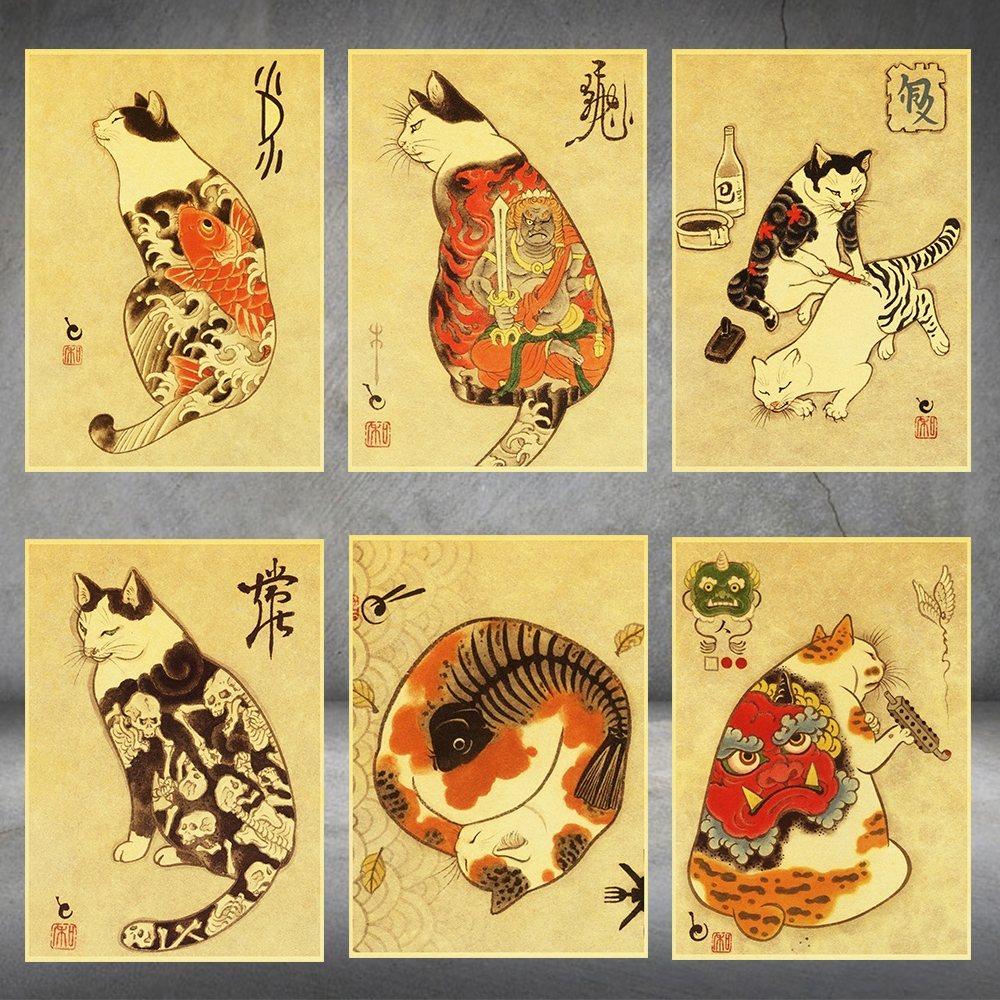Áp Phích Dán Tường Trang Trí Hình Mèo Samurai