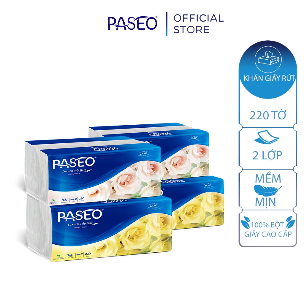 Combo 4 gói khăn giấy rút cao cấp Paseo dai, mềm mịn 220 tờ 2 lớp