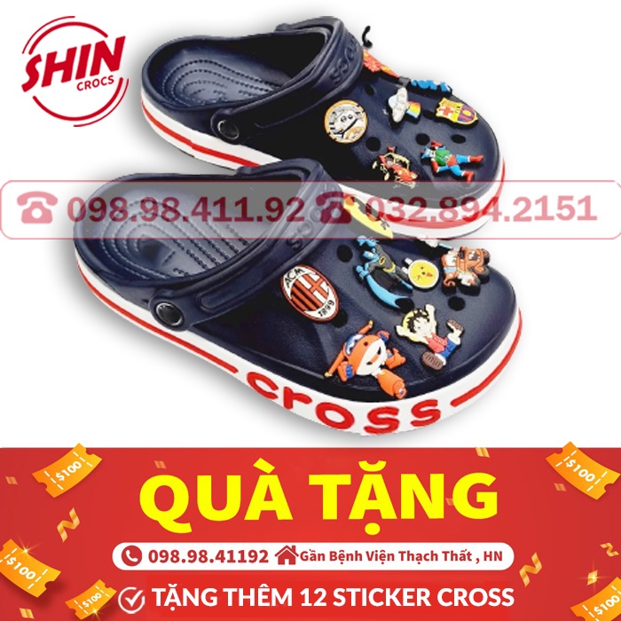 dép cross bít đầu họa tiết xanh than viền chữ đỏ SHINBAYA tặng thêm 12 sticker