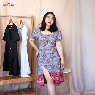 [Giá sập sàn]Đầm bigsize, đầm béo xẻ tà rúm ngực vải hoa thổ cẩm xòe nhẹ, 60-100kg, đầm cho người mập sang chảnh