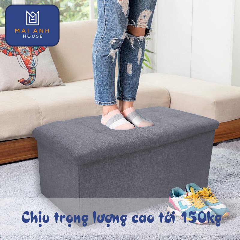 Ghế đôn dáng dài kiêm hộp đựng đồ gấp gọn Mai Anh House MA03, thân gỗ MDF bọc vải Oxford 600D, nắp nệm mút êm ái