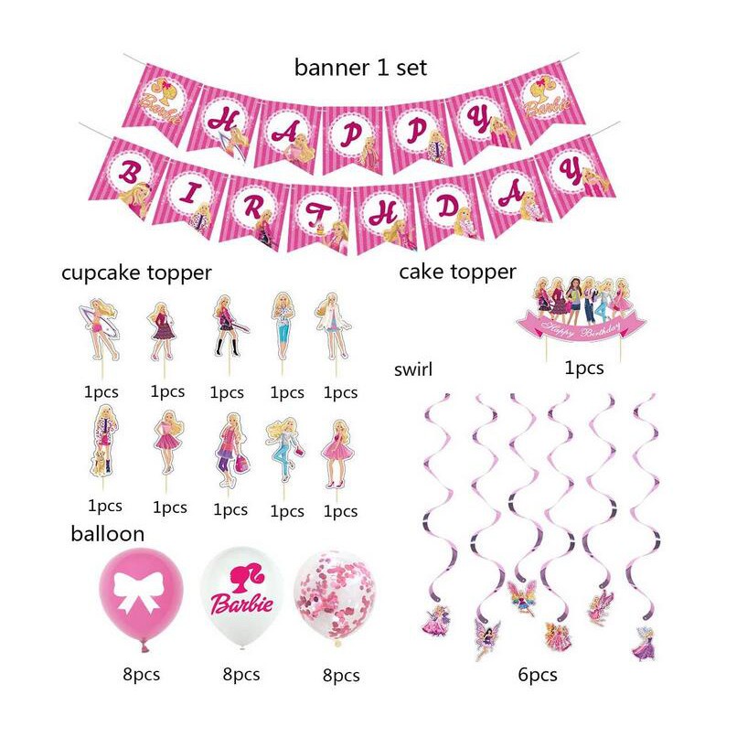 Bộ Phụ Kiện Trang Trí Bánh Sinh Nhật Cho Bé Hình Búp Bê Barbie