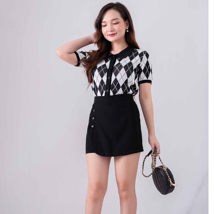 ÁO LEN POLO CROPTOP HOẠ TIẾT CARO QUẢ TRÁM  - Áo cardigan cúc cài dáng  crotop