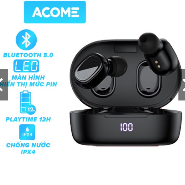 ACOME T1 Tai Nghe Bluetooth Không Dây Chống Nước IPX4 LED hiển thị 12H sử dụng - Hàng Chính Hãng