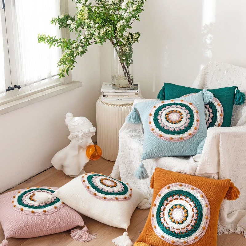 Vỏ Gối Dệt Kim Phối Tua Rua Nhiều Màu Sắc Phong Cách Boho