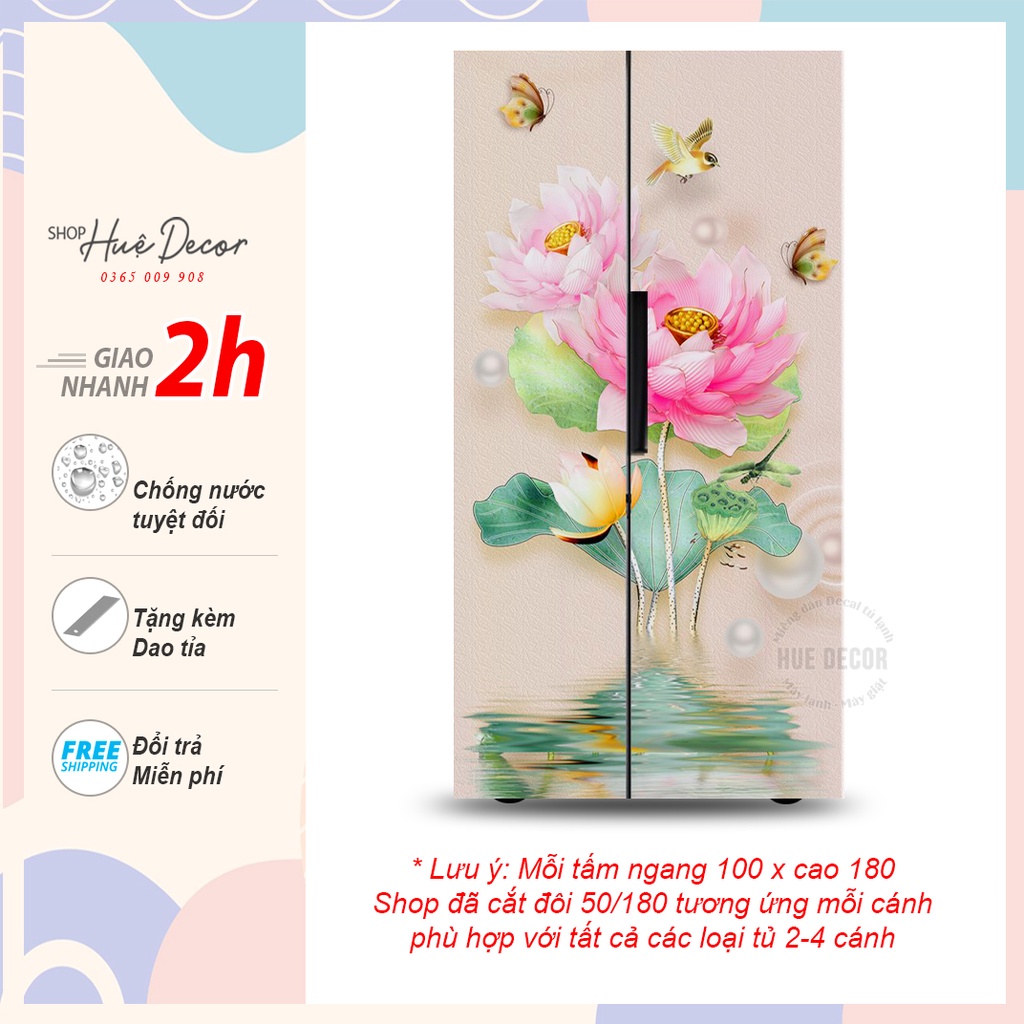 Decal dán tủ lạnh 2 cánh, 4 cánh mẫu hoa sen hồng